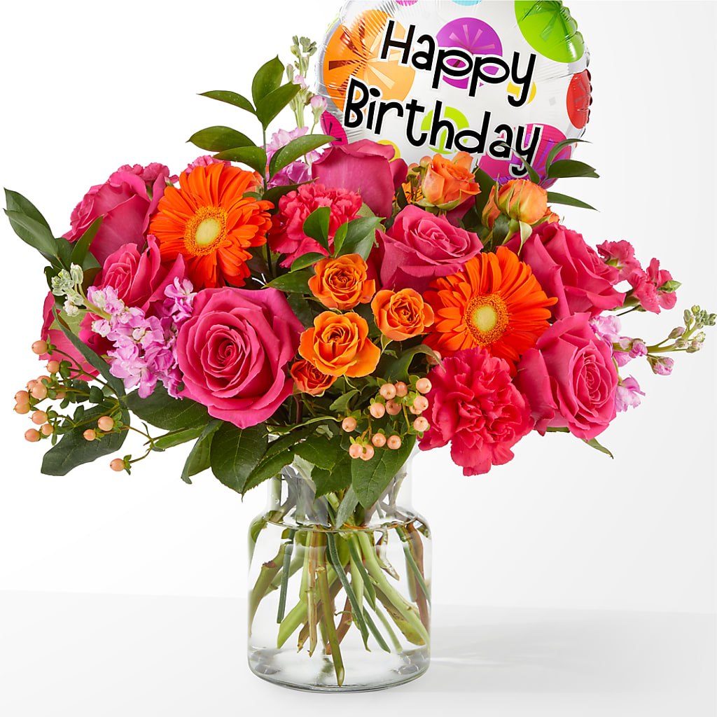 Fiesta Bouquet with Birthday Balloon – Lone Oak Gardens, Fairmount IN
