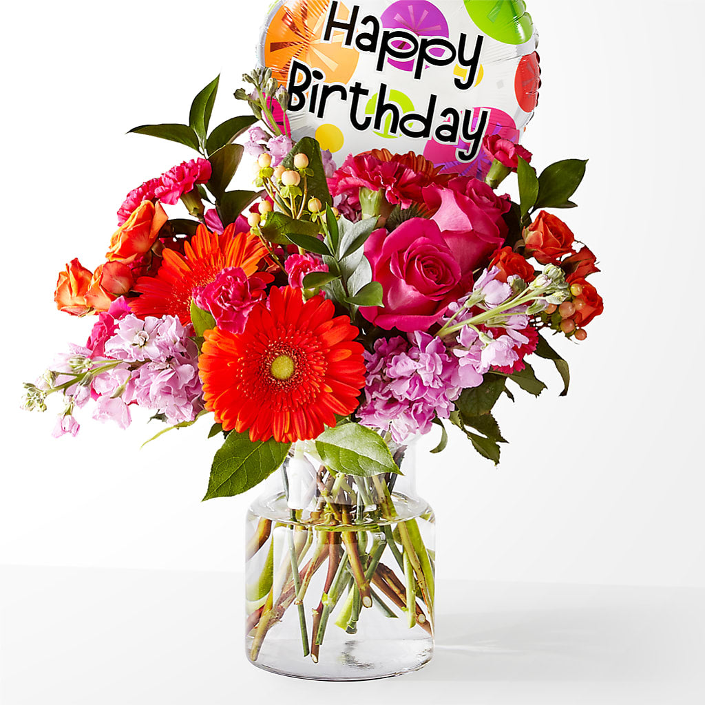 Fiesta Bouquet with Birthday Balloon – Lone Oak Gardens, Fairmount IN