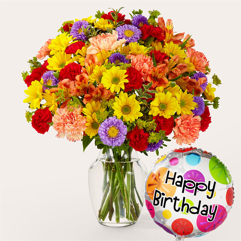 Kaleidoscope Bouquet with Birthday Balloon – Lone Oak Gardens, Fairmount IN