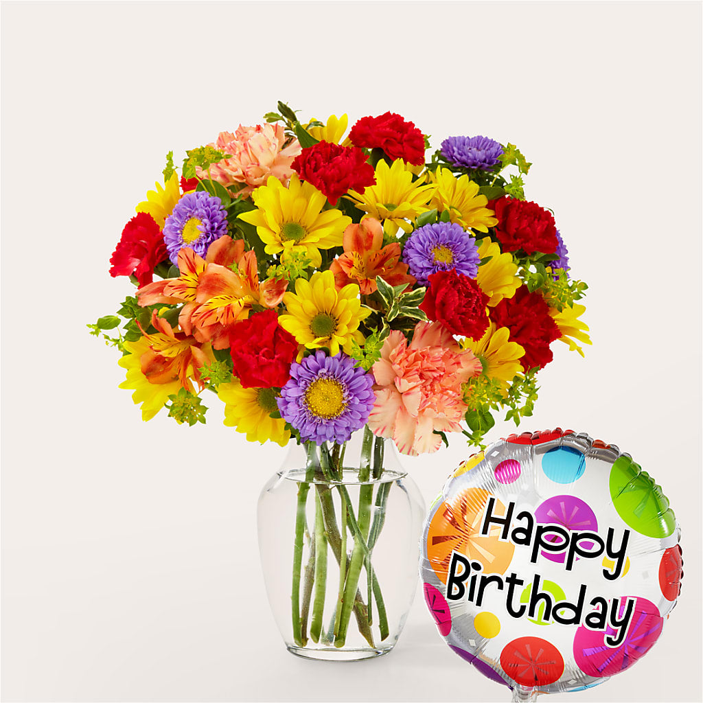 Kaleidoscope Bouquet with Birthday Balloon – Lone Oak Gardens, Fairmount IN